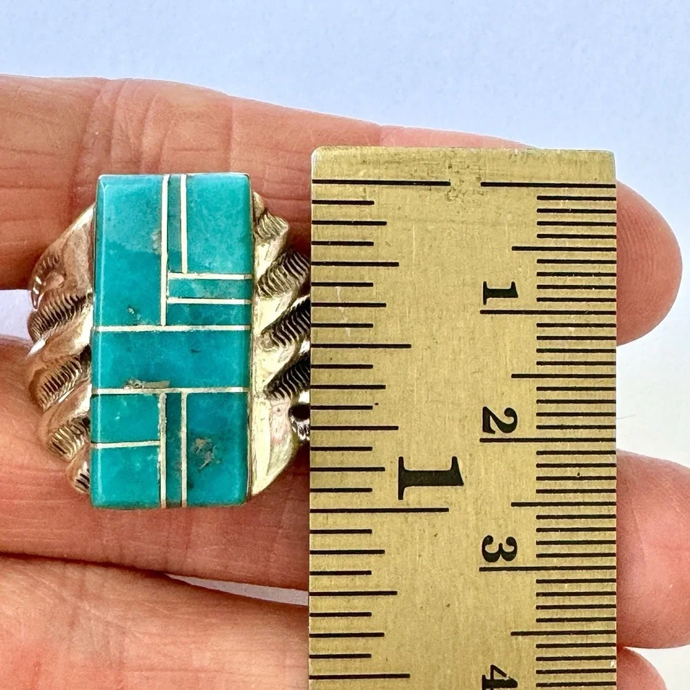 Bigger Turquoise Inlay Mens Ring Sz 12 Signed PLL Lincoln Navajo Sterling Signed